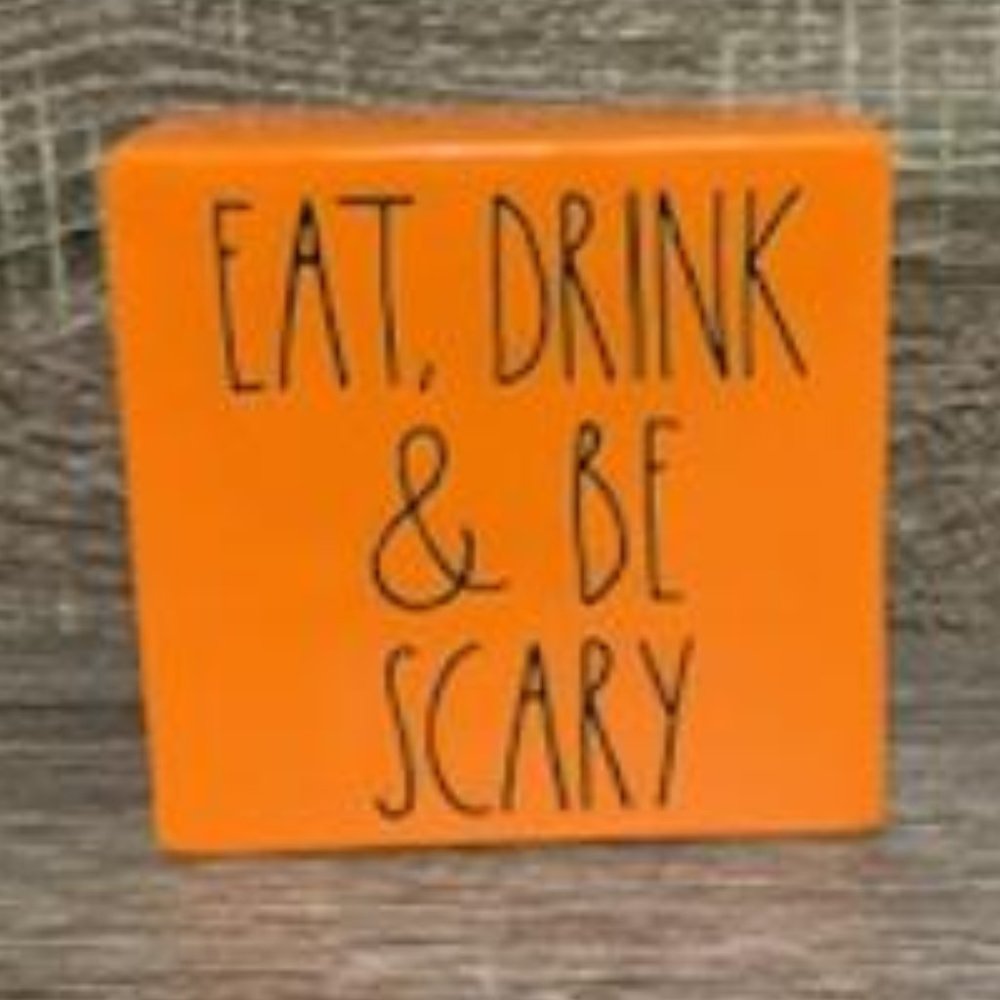 Rae Dunn Eat Drink and Be Scary Paperweight Orange Pottery Halloween Square Sign
